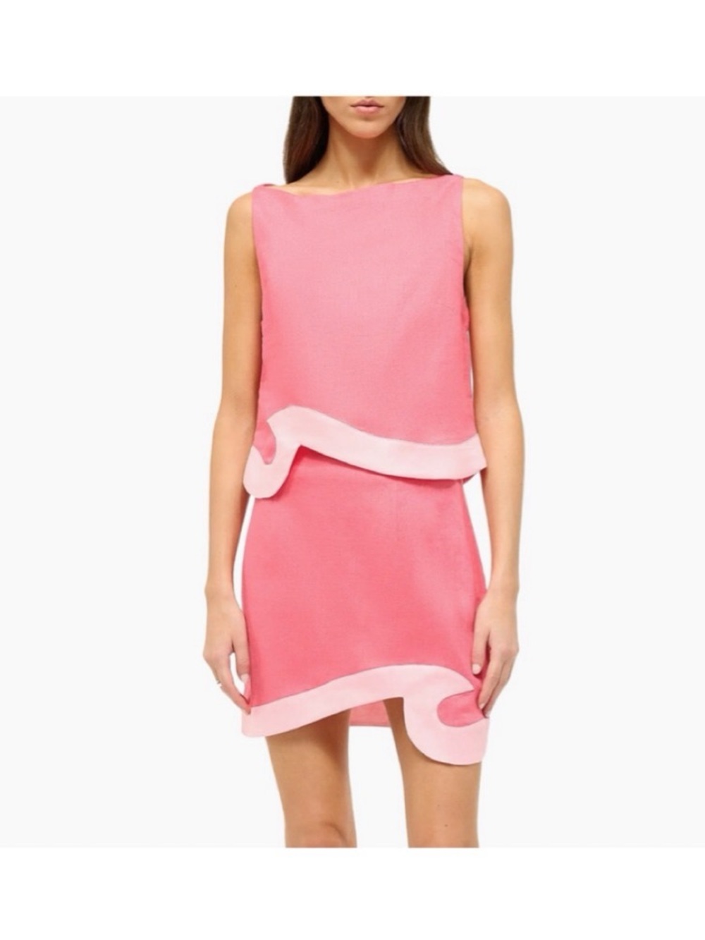 STAUD Pink Wave-Trim Sleeveless Linen  Top